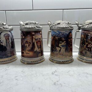 (4) 1991 Beer Steins Warriors of the Plains, Tankard Collection by Gene Stewart